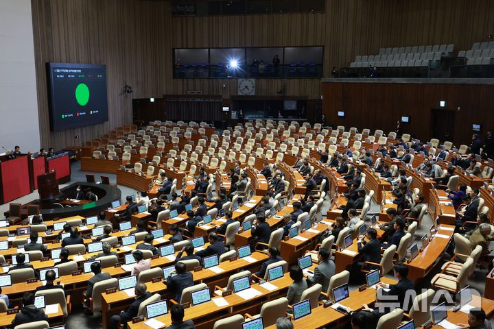 [서울=뉴시스] 고승민 기자 = 14일 서울 여의도 국회에서 열린 본회의에서 경찰관 직무집행법 일부개정안이 국민의힘 의원 불참 속 가결되고 있다. 2025.12.14. kkssmm99@newsis.com