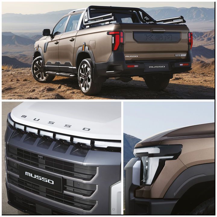 [서울=뉴시스] 위쪽부터 시계 방향으로 무쏘 후측면, 휠 아치 가니쉬와 무쏘 그랜드 스타일 프론트. (사진=KGM 제공) photo@newsis.com *재판매 및 DB 금지