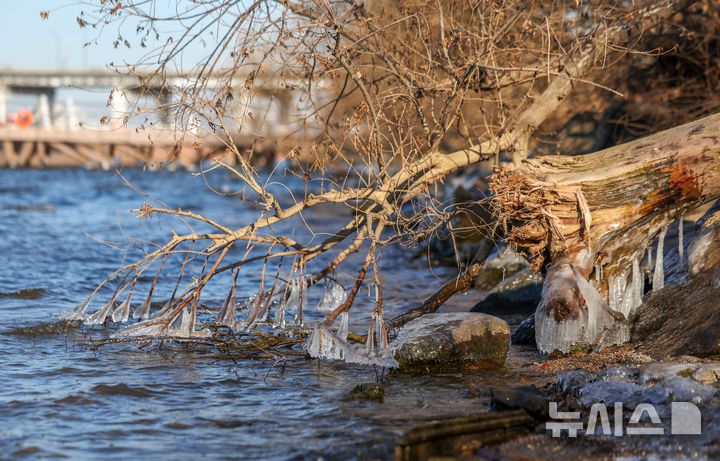 [서울=뉴시스] 김선웅 기자 = 서울 최저기온이 -12도를 기록하며 올해 첫 한파주의보가 발효된 26일 서울 서초구 반포동 한강변에 얼음이 얼어있다. 2025.12.26. mangusta@newsis.com