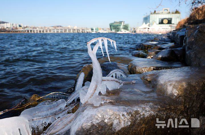 [서울=뉴시스] 김선웅 기자 = 서울 최저기온이 -12도를 기록하며 올해 첫 한파주의보가 발효된 26일 서울 서초구 반포동 한강변에 얼음이 얼어있다. 2025.12.26. mangusta@newsis.com