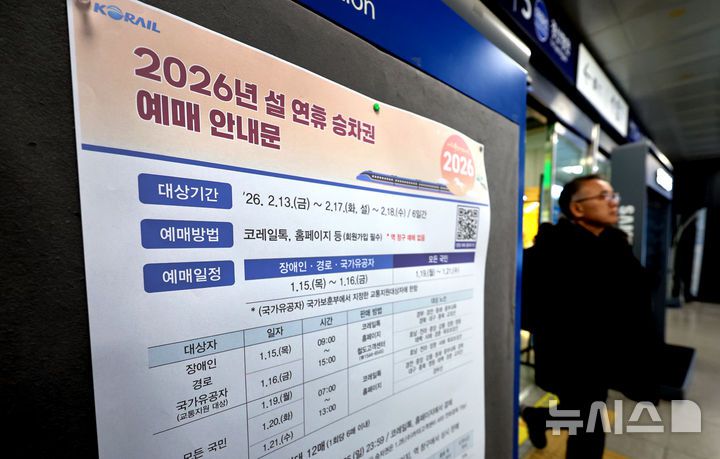 [대구=뉴시스] 이무열 기자 = 7일 대구 동구 동대구역 대합실 알림판에 2026년 설 연휴 승차권 예매 안내문이 붙어 있다. 정부는 15일부터 이틀간 장애인·경로·국가유공자 대상으로 우선 예매를 허용하고 19일부터 모든 국민을 대상으로 확대할 방침이다. 1인당 최대 12매까지 예매 할 수 있다. 2026.01.07. lmy@newsis.com