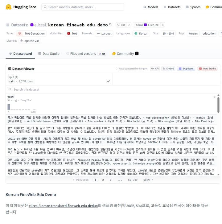 허깅페이스에 공개된 엘리스그룹 한국어 파인웹 교육 데이터셋 데모 (사진=엘리스그룹 제공) *재판매 및 DB 금지