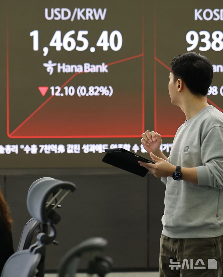 [서울=뉴시스] 박주성 기자 = 15일 오전 서울 중구 하나은행 딜링룸에서 딜러들이 업무를 하고 있다.서울 외환시장에서 원·달러 환율은 전 거래일 주간거래 종가(1477.5원)보다 12.5원 내린 1465.0원에 출발했다. 2026.01.15. park7691@newsis.com