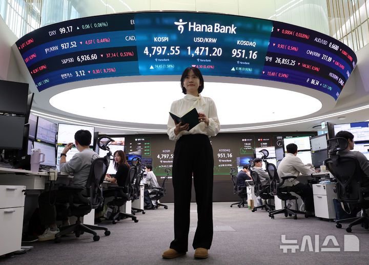 [서울=뉴시스] 이영환 기자 = 지난 15일 코스피가 전 거래일(4723.10)보다 74.45포인트(1.58%) 상승한 4797.55에 마감한 15일 오후 서울 중구 하나은행 딜링룸 전광판에 지수가 표시되어 있다.코스닥 지수는 전 거래일(942.18)보다 8.98포인트(0.95%) 오른 951.16, 서울 외환시장에서 원·달러 환율은 전 거래일(1477.5원)보다 7.8원 내린 1469.7원에 주간 거래를 마감했다. 2026.01.15. 20hwan@newsis.com