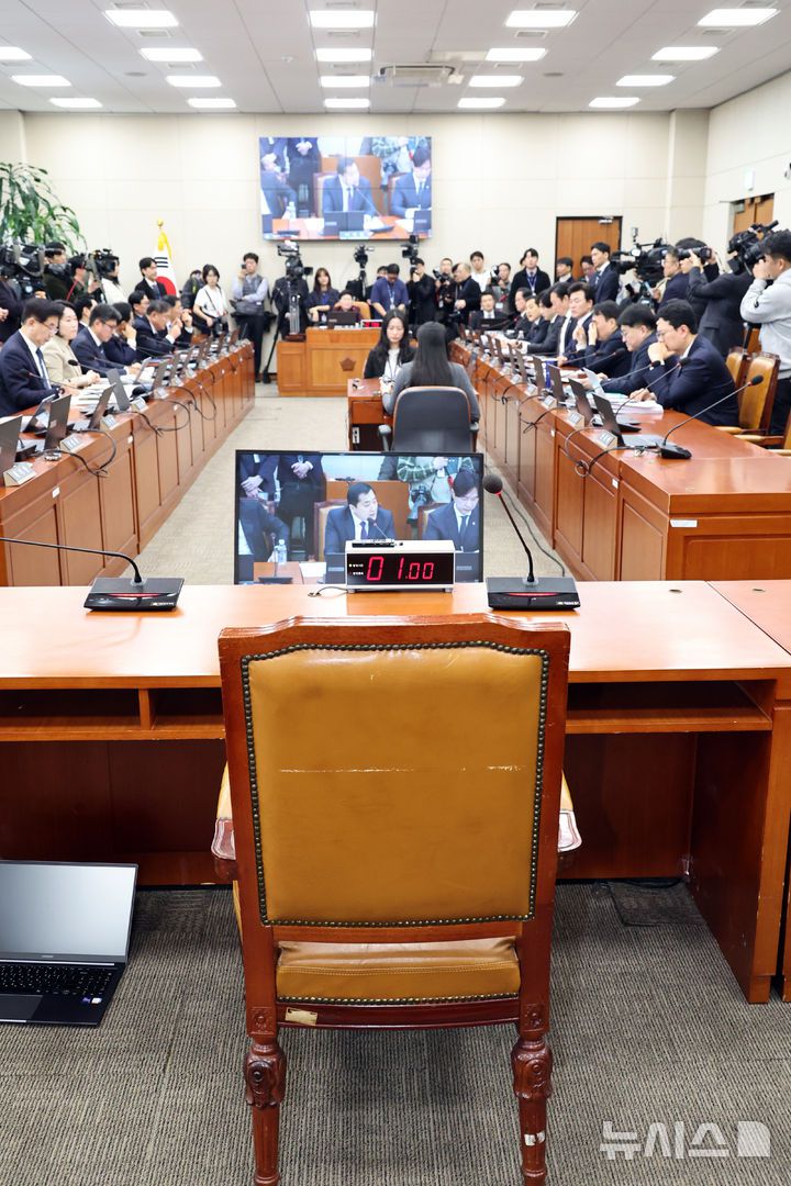 [서울=뉴시스] 김금보 기자 = 19일 서울 여의도 국회에서 열린 재정경제기획위원회 전제회의에 이혜훈 기획예산처 장관 후보자 자리가 비어 있다. 2026.01.19. kgb@newsis.com