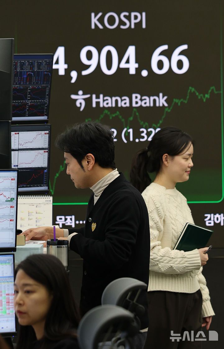 [서울=뉴시스] 박주성 기자 = 19일 오후 서울 중구 하나은행 딜링룸에서 딜러들이 업무를 하고 있다.코스피는 전 거래일(4840.74)보다 63.92포인트(1.32%) 오른 4904.66에 마감했다. 2026.01.19. park7691@newsis.com