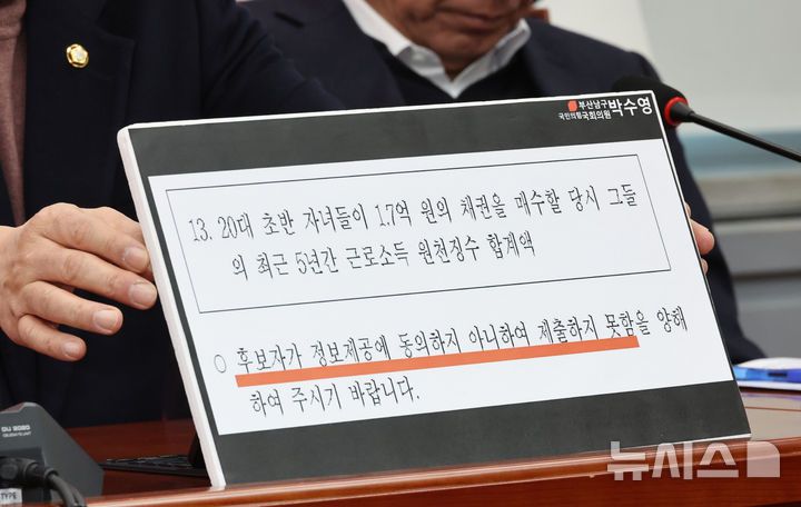 [서울=뉴시스] 김금보 기자 = 박수영 국민의힘 정책위부의장이 20일 오전 서울 여의도 국회에서 열린 원내대책회의에서 이혜훈 기획예산처 장관 후보자의  부실한 청문회 자료제출에 대해 발언을 하고 있다. 2026.01.20. kgb@newsis.com