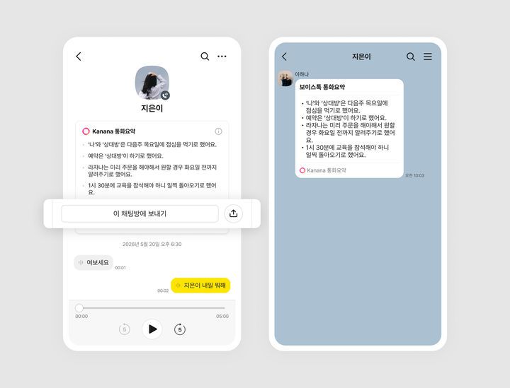 [서울=뉴시스] 21일 카카오에 따르면 카카오톡은 이날 보이스톡(음성 통화) 녹음 내용 요약본을 채팅방에 공유하는 기능을 추가했다. (사진=카카오 제공) *재판매 및 DB 금지