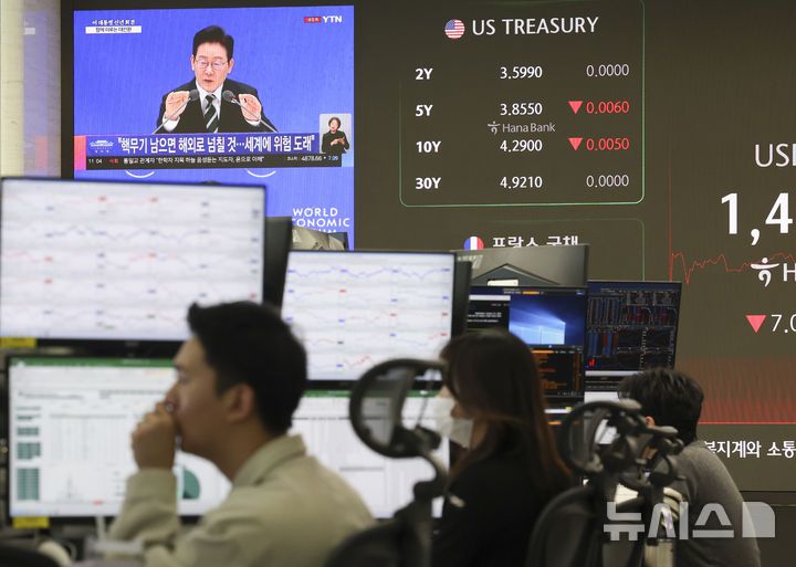 [서울=뉴시스] 김근수 기자 = 21일 오전 서울 중구 하나은행 딜링룸 전광판에 이재명 대통령 신년 기자회견 뉴스화면이 나오고 있다. 2026.01.21. ks@newsis.com