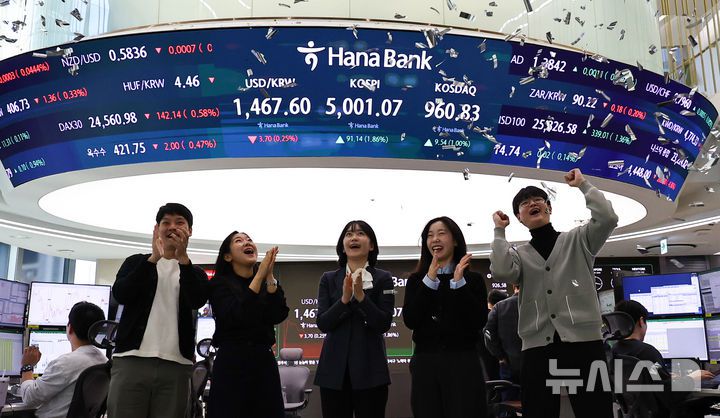[서울=뉴시스] 최진석 기자 = 코스피가 꿈의 숫자로 여겨지던 '오천피'에 도달하며 코스피 5000 시대가 열린 22일 오전 서울 중구 하나은행 딜링룸에서 관계자들이 코스피 5000 돌파를 축하하고 있다. 코스피는 전 거래일(4909.93)보다 77.13포인트(1.57%) 상승한 4987.06에 개장했다.2026.01.22. myjs@newsis.com