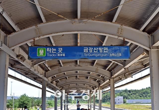 국내 최북단 기차역사인 제진역. '금강산방면'이라고 표기된 푯말 역시 녹이 슬었다.