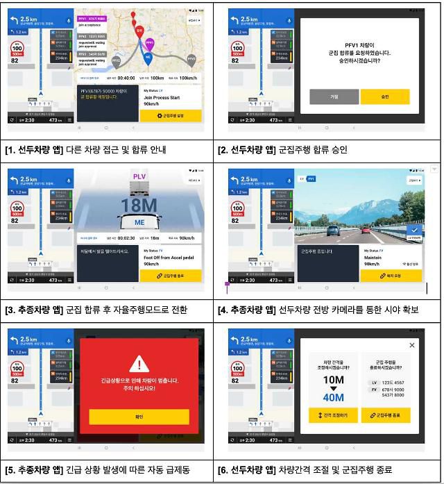 군집주행 기사용 앱 화면 예시.