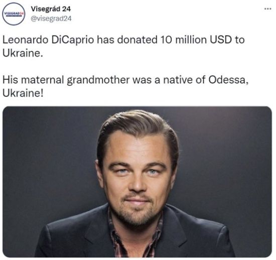 19만6000명의 구독자를 지닌 동유럽 매체 비세그라드24가 트위터에 디카프리오 기부 소식을 전했다.