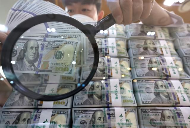 5일 오전 서울 중구 하나은행 위변조대응센터에서 직원이 달러를 정리하고 있다.