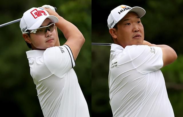 KPGA 선수권대회 첫날 선두에 오른 이형준과 백석현(왼쪽부터).