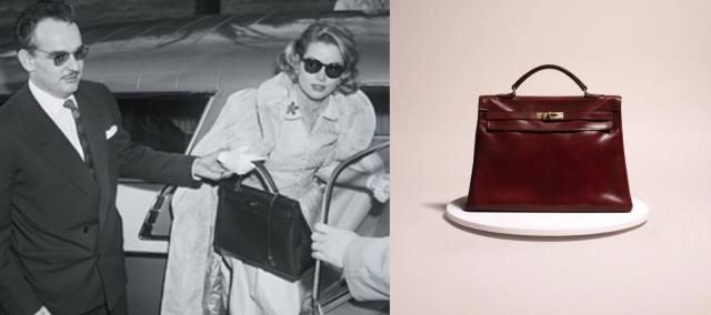 그레이스켈리가 켈리백을 들고 있는 사진으로 이를 통해 켈리백이 유명해지게 됐다(왼쪽), 켈리백. [사진=온라인 커뮤니티 캡쳐, 에르메스]