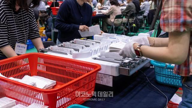 3일 오후 서울 관악구 신림동 서울대 체육관에 설치된 제21대 대선 관악구 개표소에서 개표사무원들이 분류기로 투표용지를 분류하고 있다. [사진=박명섭 기자]