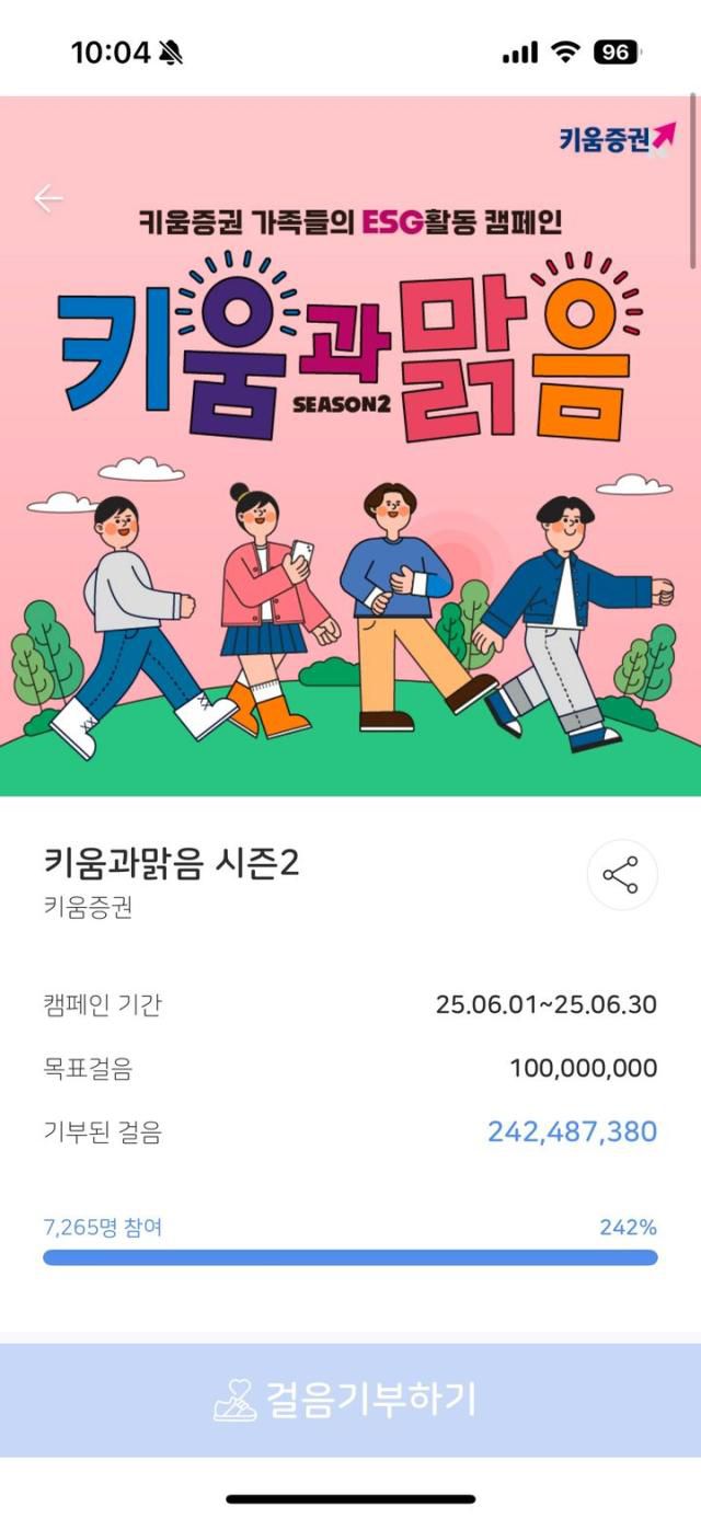 키움증권은 걸음 기부 캠페인 '키움과맑음 시즌2'를 성공적으로 마무리했다고 7일 밝혔다. [사진=키움증권]