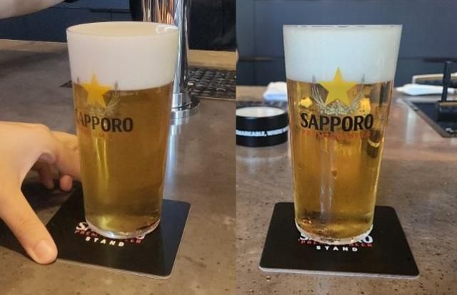 서울 성수동 '삿포로 프리미엄 비어스탠드'에서 제공하는 '퍼펙트 푸어'(왼쪽)와 '클래식 푸어' [사진=조현미 기자]