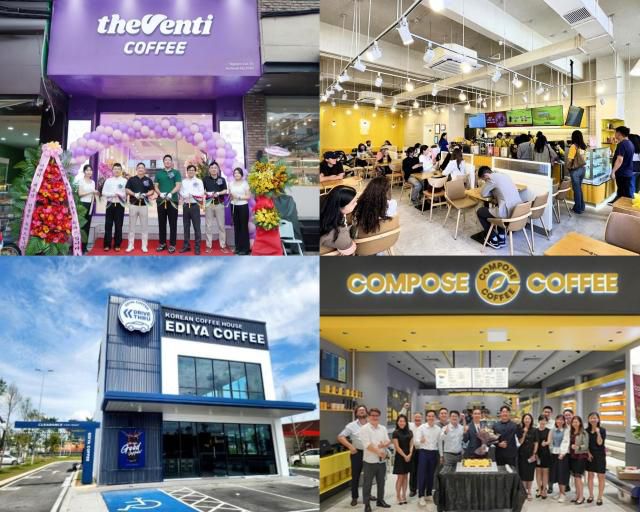 해외 시장에 진출한 국내 저가 커피 프랜차이즈. 왼쪽 위부터 시계방향으로 더벤티 베트남 호찌민 1호점, 메가커피 울란바토르 1호점, 컴포즈커피 싱가포르 1호점, 이디야 쿠알라룸푸르점. [사진=각 사]