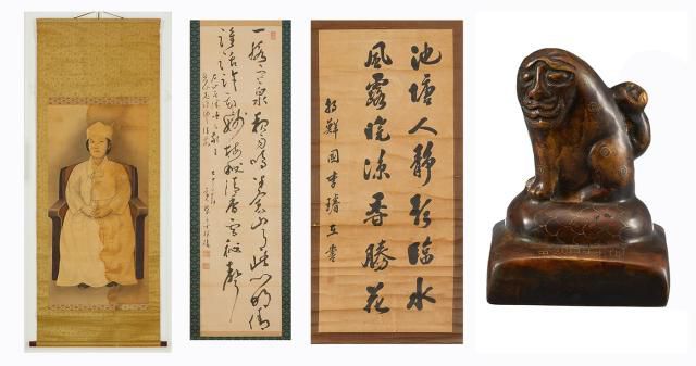 (왼쪽부터) 전(傳) 명성황후 초상, 미우라 고로 묵서, 이준 열사 묵서, 초대 조선 총독 데라우치 마사타케의 인장 [사진=다보성갤러리]