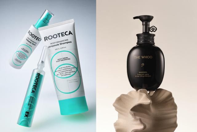 올리브영 헤어케어 브랜드 루테카의 '루트 인핸싱' 라인(왼쪽)·LG생활건강 더후 '후스파 스칼프 안티에이징 앤 헤어 리프팅 샴푸' [사진=각 사]