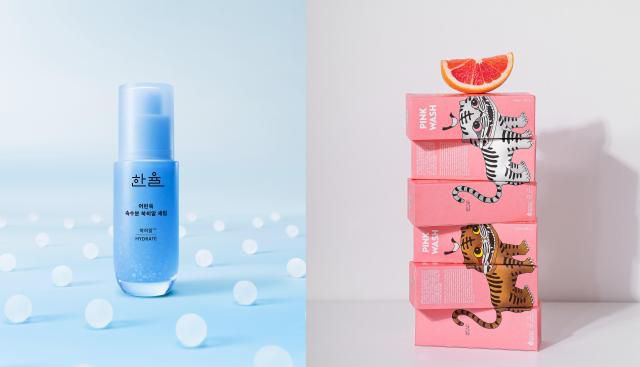 아모레퍼시픽 한율 '어린쑥 속수분 쑥히알'(왼쪽)·질경이 '핑크 자몽 이너퍼퓸 폼 워시 까치호랑이 에디션' [사진=각 사]