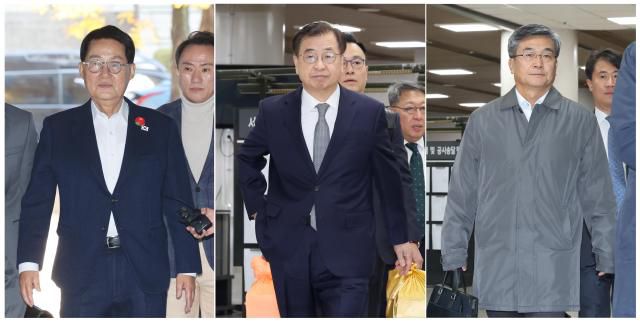 2020년 9월 서해에서 발생한 공무원 피격 사건을 은폐하려 한 혐의로 재판에 넘겨진 박지원 전 국가정보원장(왼쪽부터), 서훈 전 청와대 국가안보실장, 서욱 전 국방부 장관이 5일 서울중앙지법에서 열린 결심 공판에 출석하고 있다. 2025.11.5 [사진=연합뉴스]