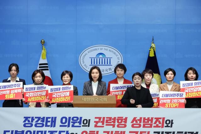 5일 오전 국회 소통관에서 최호정 의장(왼쪽 네번째)과 국민의힘 서울시의원, 자치구 구의원이 함께 장경태 의원 권력형 성범죄와 더불어민주당 2차 가해 규탄 기자회견을 하고 있다. [사진=서울시의회 국민의힘]