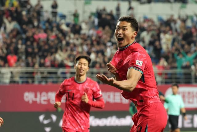 조규성이 남자 축구 대표팀 볼리비아와 경기에서 골을 넣고 포효하고 있다. [사진=연합뉴스]
