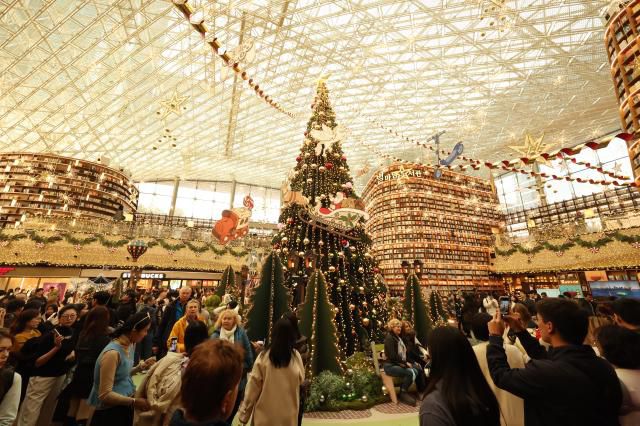 A Christmas tree stands inside Starfield Library at COEX Mall in Seoul’s Gangnam District on Nov. 20. AJP Han Jun-gu