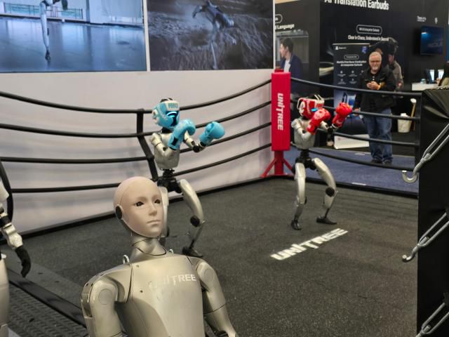 6일(현지시간) 미국 라스베이거스 소재 라스베이거스 컨벤션 센터에서 열린 'CES 2026'에서 유니트리 로보틱스 (Unitree Robotics)의 G1 모델들이 격투기를 선보이고 있다. [사진=아주미디어그룹 CES 특별취재단]