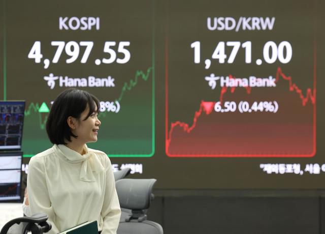 An electronic display at Hana Bank’s dealing room in Seoul shows the closing KOSPI index and the won-dollar exchange rate on the afternoon of January 15, when the benchmark index hit a new record high, nearing the 4,800 level. Yonhap.