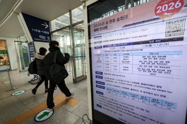 A notice on reservations for Lunar New Year train tickets is displayed in the main concourse of Seoul Station on Jan. 15. AJP Yoo Na-hyun