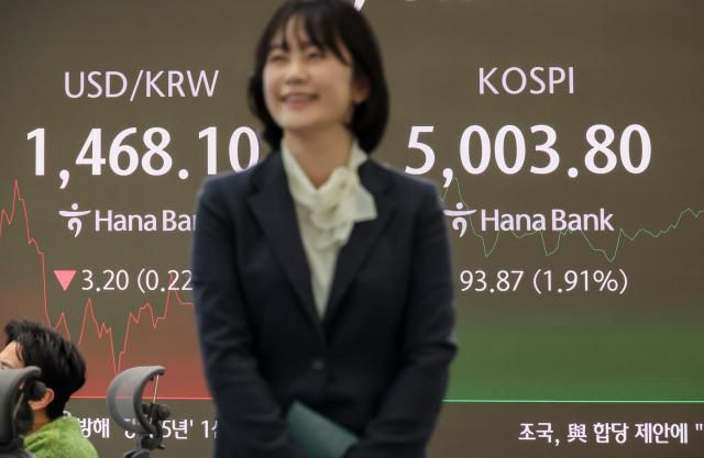 The benchmark KOSPI index surpasses the 5,000 mark during morning trading at a dealing room of Hana Bank in Jung-gu, Seoul, on Jan. 22.2026 AJP Yoo Na-hyun