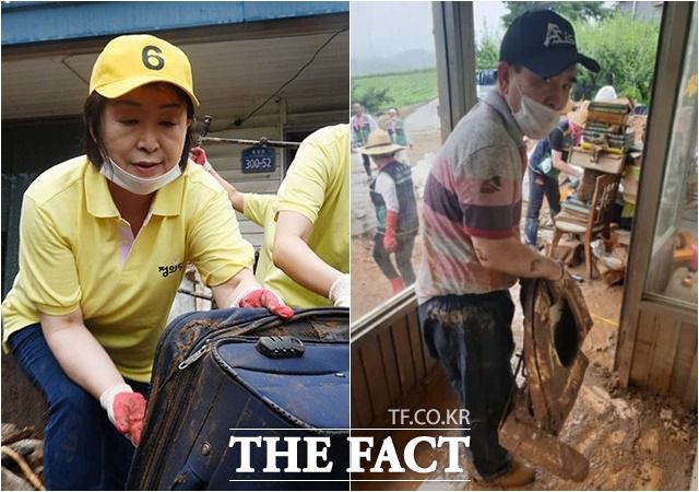 정치인들의 수해 피해 지역 방문이 이어지는 가운데 태영호(오른쪽) 미래통합당 의원과 심상정 정의당 대표의 사진이 비교되며 논란의 도마 위에 올랐다. /임영무 기자·조수진 의원 페이스북 갈무리
