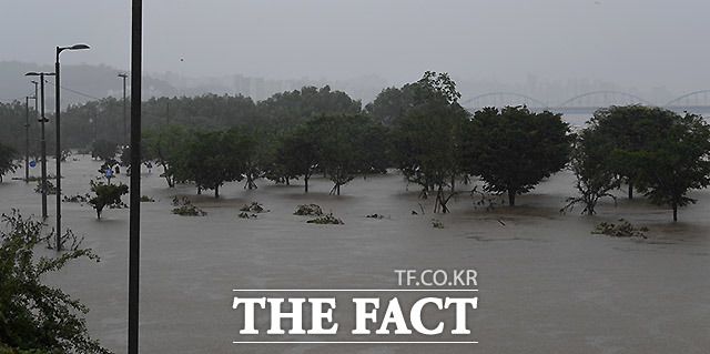 지난 9일 서울과 한강 상류 지역의 집중호우와 팔당댐 방류량 증가로 서울 반포한강공원 일대가 물에 잠긴 모습. /이효균 기자