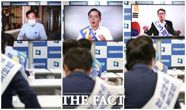 2차 재난지원금 지급범위를 놓고 민주당내 찬반 논란이 확산하자 당대표 후보들도 속속 입장을 내놓고 있다. 지난 22일 열린 수도권 온택트 합동연설회에 나선 이낙연·김부겸·박주민 당대표 후보(왼쪽부터). /이동률 기자