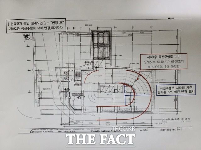 동구청은 지난 5일 오전 <더팩트> 기사에서 제시한 내변반경 6미터 기준점은 설계변경 된 지점과 다르다는 사실을 털어놨다. 사진은 동구청이 해명한 기준점에서 회전반경을 그린 모식도. 동구청의 해명을 토대로 기준점이 다른 곳에서 회전반경을 측정한 결과 자주식 주차장 및 인근 도로까지 침범하는 것을 볼 수 있다./ 독자제공
