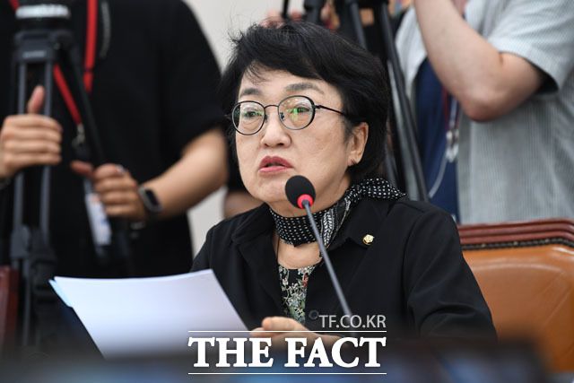여권 의원들의 재산 신고 누락 의혹을 두고 야권의 공세가 이어지는 가운데 김진애 열린우리당 의원은 '의원 전수조사'를 주장했다. 지난 7월 국회 법제사법위 긴급 현안질의에 나선 김 의원. /남윤호 기자