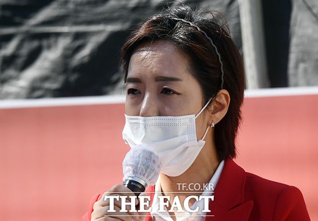 사랑제일교회 및 국민소송 변호인단 강연재 변호사가 20일 오후 서울 성북구 사랑제일교회 앞에서 기자회견을 열고 정부의 방역체계를 비판하고 있다. /이동률 기자