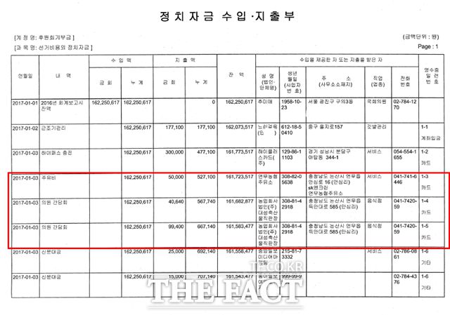 조수진 국민의힘 의원이 공개한 추미애 장관이 대표 시절인 2017년 1월 3월 사용한 정치자금 신고 내역. /조수진 의원실 제공
