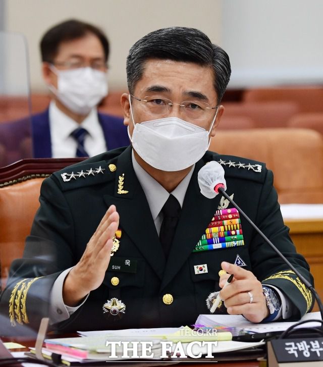 서욱 국방부 장관은 공무원 피살 사건에 대해 "9·19군사 분야 합의 정신에 위배된다"고 평가했다. 지난 16일 국회 국방위원회 전체회의에서 열린 인사청문회에서 의원들의 질의에 답변하는 당시 서욱 국방부 장관 후보자. /이새롬 기자