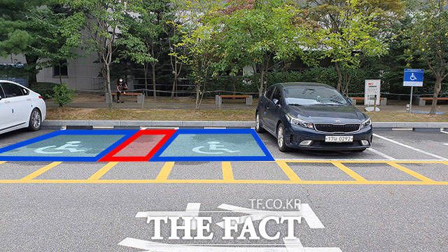 인천지방법원 후문 주차장 장애인 주차구역. 주차 구역 중 파란색 차량 주차구역의 폭은 2.45m에 불과하고, 두 차량주차 구역이 빨간색으로 표기된 하차구역 하나를 공유하는 형태로 되어있다. 그러나 현행법상 두 주차구역이 하나의 하차구역을 공유하는 형태는 불법이다./인천지방법원=임세준 기자