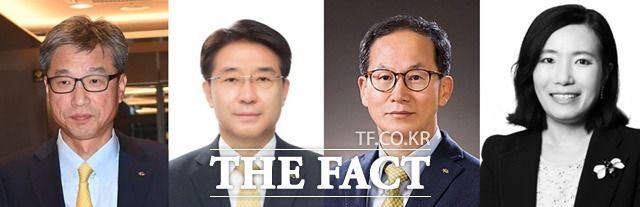 업계 안팎에서는 KB국민은행의 차기 은행장으로 허인 KB국민은행장, 이동철 KB국민카드 대표, 양종희 KB손해보험 대표, 박정림 KB증권 대표 등이 거론됐지만, 박정림 대표는 금융감독원의 라임 징계 통보로 차기 국민은행장 후보군에서 제외된 것으로 알려졌다. 왼쪽부터 허인 국민은행장, 이동철 KB국민카드 대표, 양종희 KB손해보험 대표, 박정림 KB증권 대표. /더팩트 DB·각사 제공