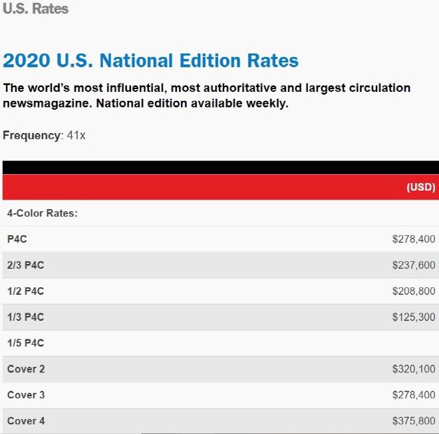 타임지에 따르면 광고 단가는 컬러 광고 기사 1페이지당 약 3억 원이 소요되는 것으로 알려졌다. /미국 '타임지' 홈페이지 갈무리