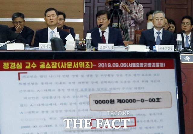 지난해 10월 7일 서울 서초구 서울고등검찰청에서 열린 국정감사에서 정점식 당시 자유한국당 의원이 정경심 동양대 교수의 공소장을 띄워둔 채 질의하고 있다. /뉴시스