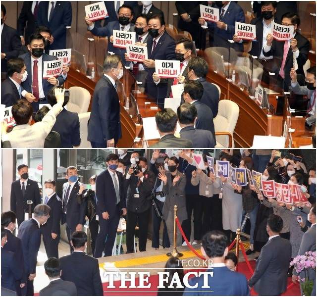 28일 문재인 대통령의 2021년도 예산안에 대한 시정연설은 고성과 박수로 뒤덮였다. 여야는 대조된 반응을 내놨다. /이새롬 기자