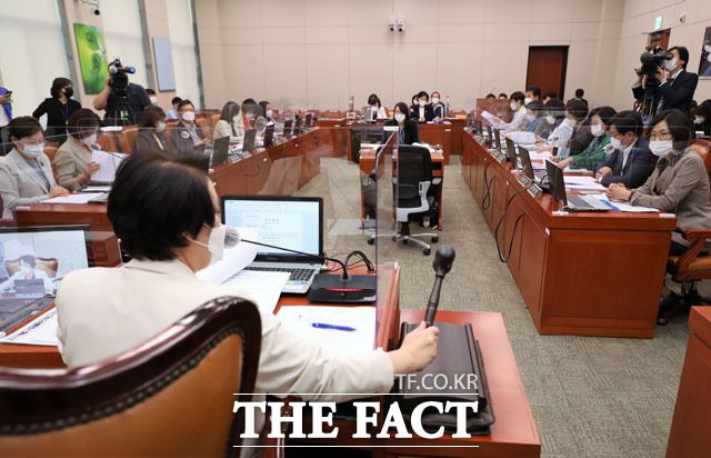 지난 9월17일 오전 국회에서 열린 여성가족위원회 전체회의에서 정춘숙 위원장이 의사봉을 두드리고 있다./더팩트DB