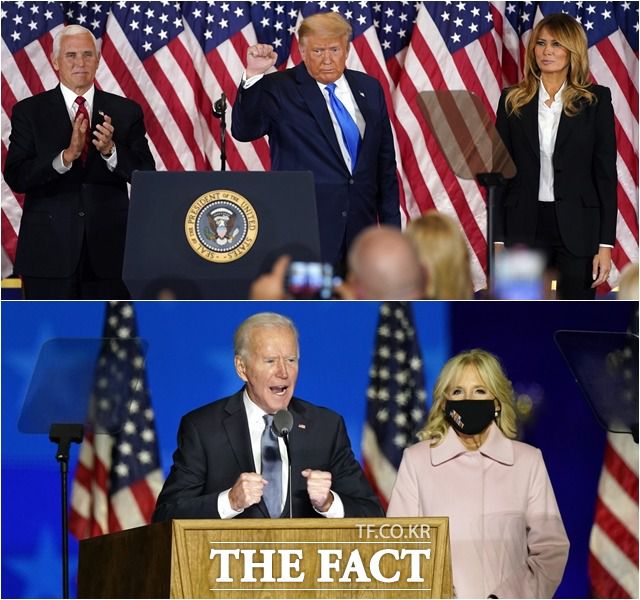미국 대통령 후보 도널드 트럼프 대통령과 조 바이든 전 부통령이 4일(현지시간) 개표되고 있는 결과와 관련해 각각 입장을 밝히고 있다. /워싱턴, 월밍턴=AP.뉴시스